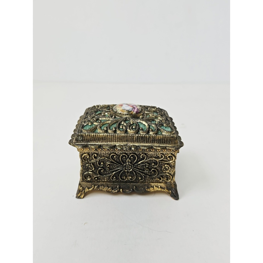 Vintage Japan metal trinket jewelry box gold tone Theme of Paraganini